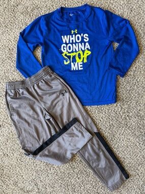 Under Armour Bundle Boys Blue Graphic Long-Sleeve Top with Gray Jogger Pants 7